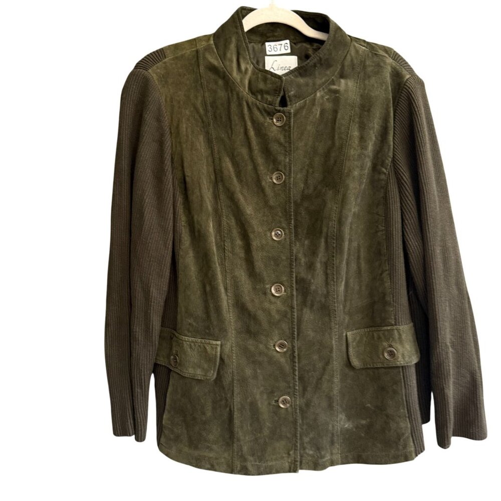 Vintage Linea Suede Jacket Women's Plus 24W Green Button Up Ribbed Knit Sleeves